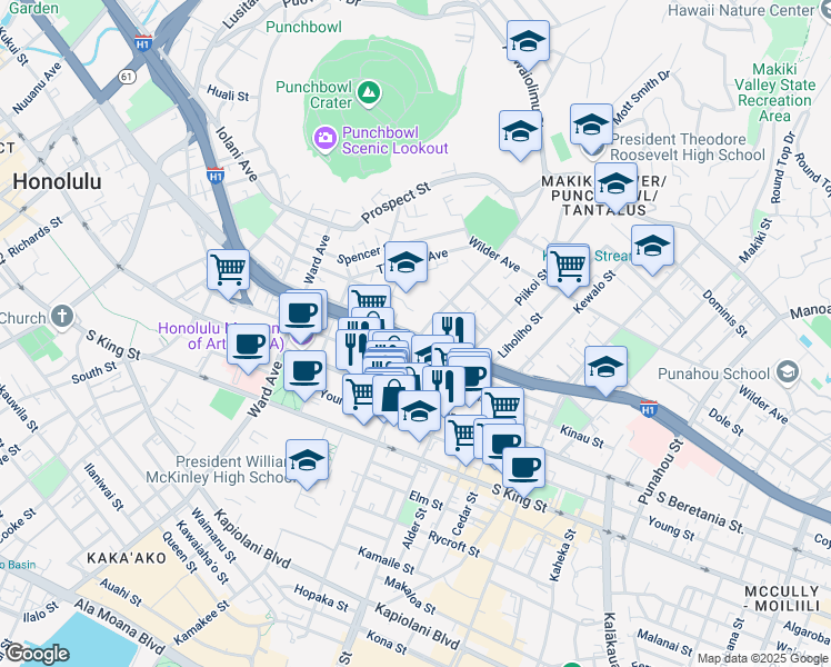 map of restaurants, bars, coffee shops, grocery stores, and more near 1080 Lunalilo Street in Honolulu