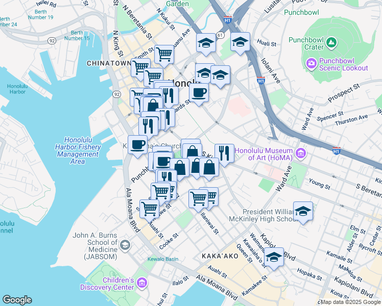 map of restaurants, bars, coffee shops, grocery stores, and more near 957 Punchbowl Street in Honolulu