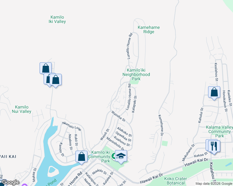 map of restaurants, bars, coffee shops, grocery stores, and more near 1141 Wainiha Street in Honolulu