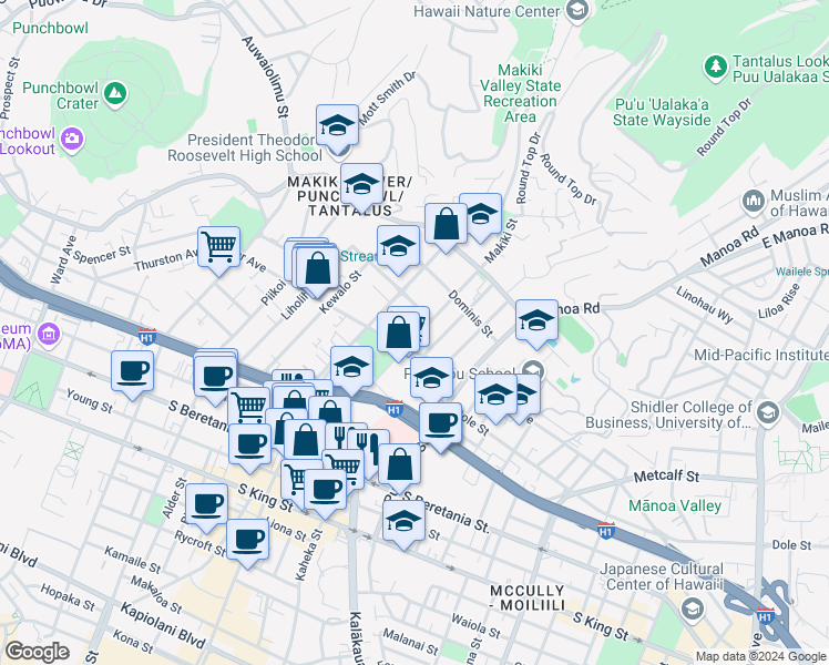 map of restaurants, bars, coffee shops, grocery stores, and more near 1630 Makiki Street in Honolulu