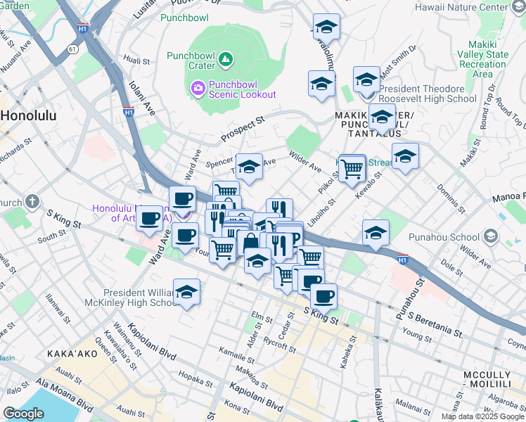 map of restaurants, bars, coffee shops, grocery stores, and more near 1421 Pensacola Street in Honolulu