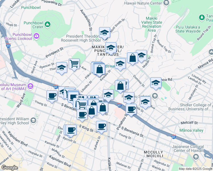 map of restaurants, bars, coffee shops, grocery stores, and more near 1340 Kaihee Street in Honolulu