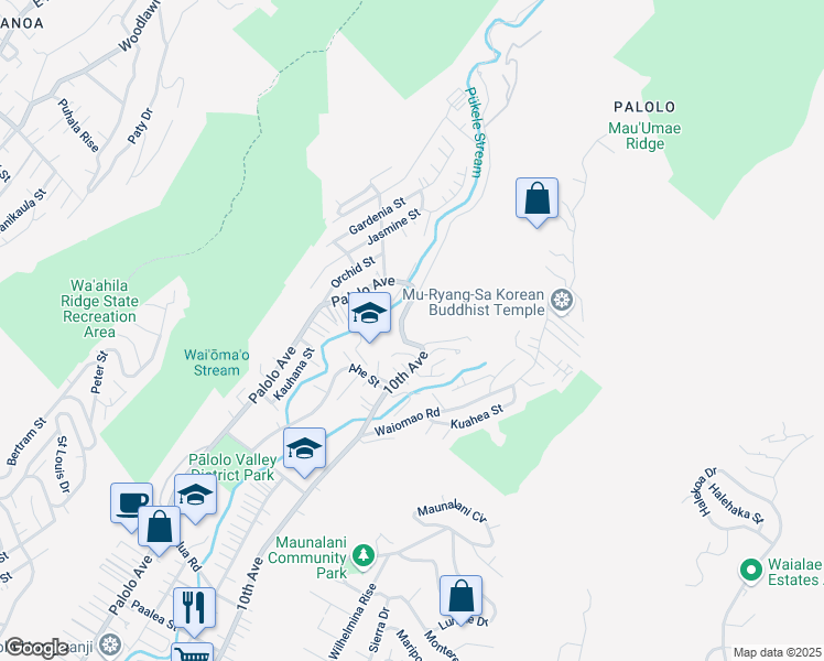 map of restaurants, bars, coffee shops, grocery stores, and more near 2555 10th Avenue in Honolulu