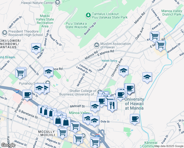 map of restaurants, bars, coffee shops, grocery stores, and more near 2126 Lanihuli Drive in Honolulu