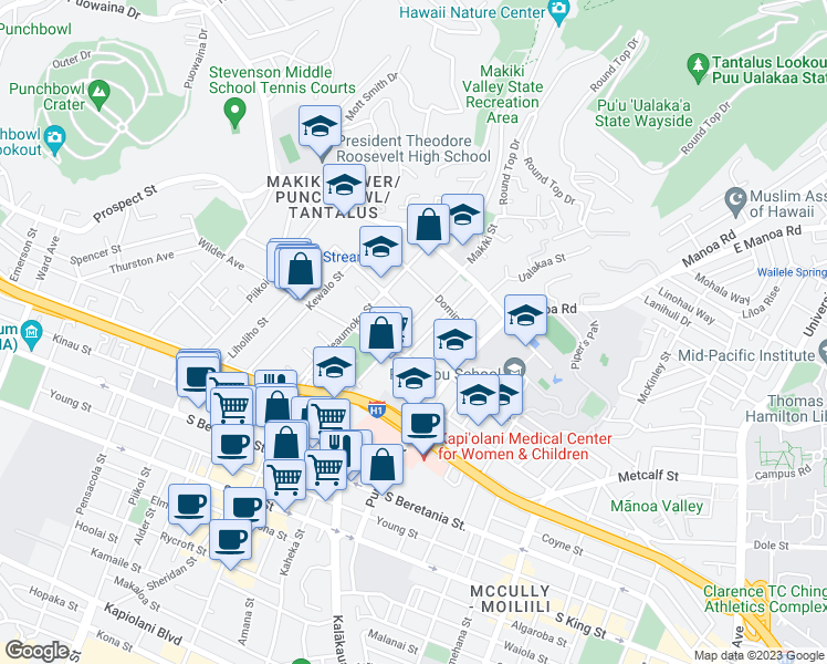 map of restaurants, bars, coffee shops, grocery stores, and more near 1628 Makiki Street in Honolulu