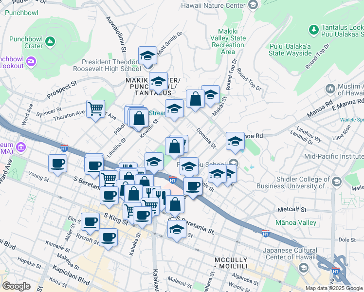 map of restaurants, bars, coffee shops, grocery stores, and more near 1628 Makiki Street in Honolulu
