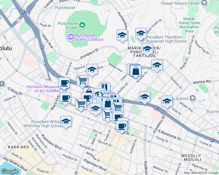 map of restaurants, bars, coffee shops, grocery stores, and more near 1155 Hassinger Street in Honolulu