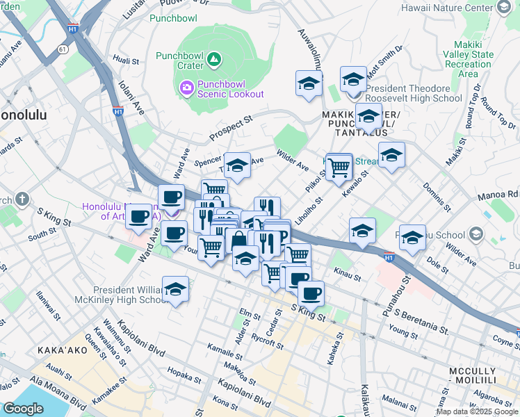 map of restaurants, bars, coffee shops, grocery stores, and more near 1421 Pensacola Street in Honolulu