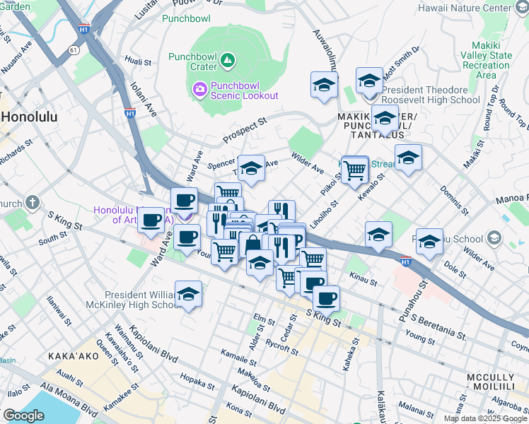 map of restaurants, bars, coffee shops, grocery stores, and more near 1421 Pensacola Street in Honolulu