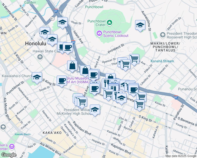 map of restaurants, bars, coffee shops, grocery stores, and more near 1302 Victoria Street in Honolulu