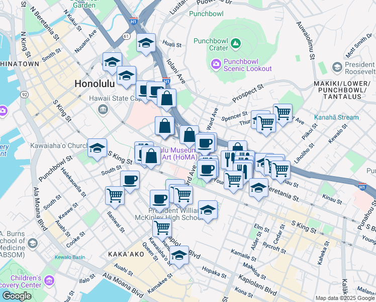 map of restaurants, bars, coffee shops, grocery stores, and more near 1220 Ward Avenue in Honolulu