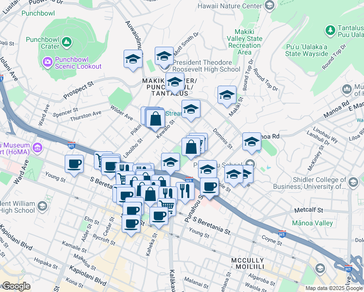 map of restaurants, bars, coffee shops, grocery stores, and more near 1605 Ke’eaumoku Street in Honolulu