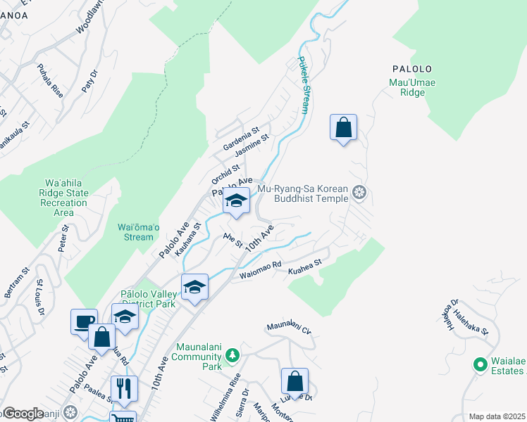 map of restaurants, bars, coffee shops, grocery stores, and more near 2555 10th Avenue in Honolulu