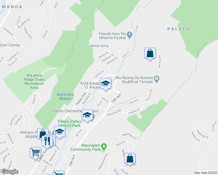 map of restaurants, bars, coffee shops, grocery stores, and more near 2542 10th Avenue in Honolulu