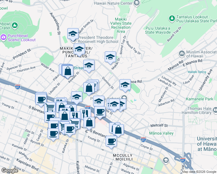 map of restaurants, bars, coffee shops, grocery stores, and more near 1707 Anapuni Street in Honolulu
