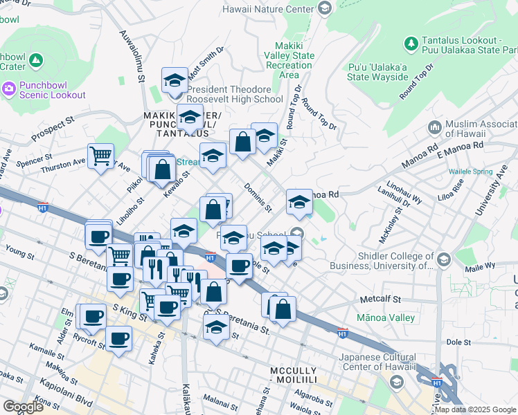 map of restaurants, bars, coffee shops, grocery stores, and more near 1541 Dominis Street in Honolulu