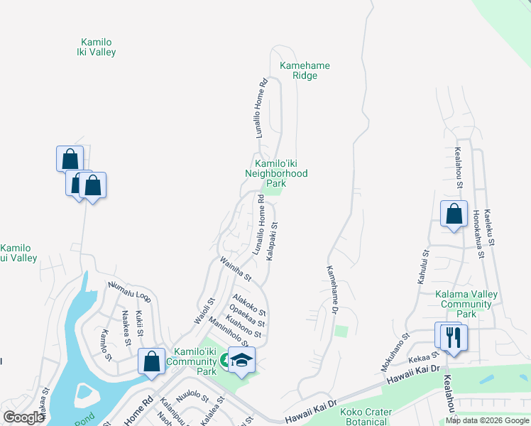 map of restaurants, bars, coffee shops, grocery stores, and more near 1064 Lunalilo Home Road in Honolulu