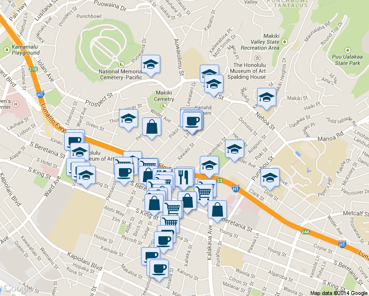 map of restaurants, bars, coffee shops, grocery stores, and more near 1526 Kewalo Street in Honolulu