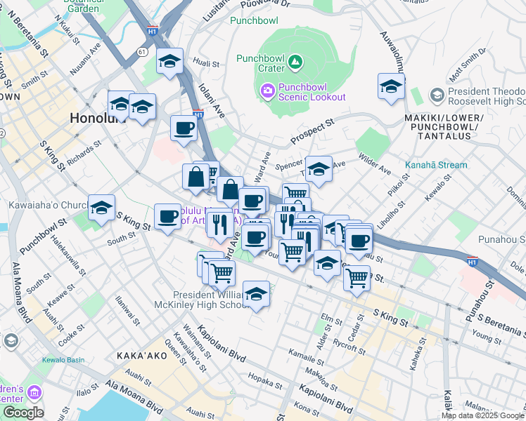 map of restaurants, bars, coffee shops, grocery stores, and more near 1302 Victoria Street in Honolulu