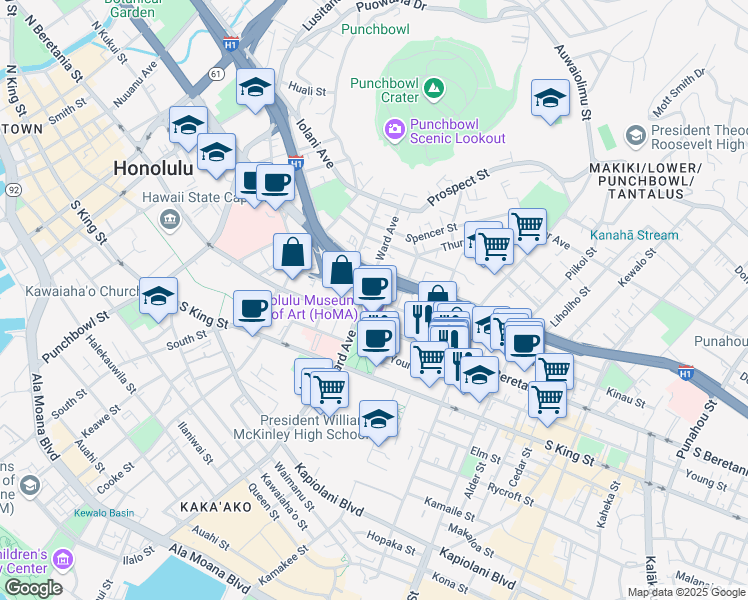 map of restaurants, bars, coffee shops, grocery stores, and more near 1302 Victoria Street in Honolulu