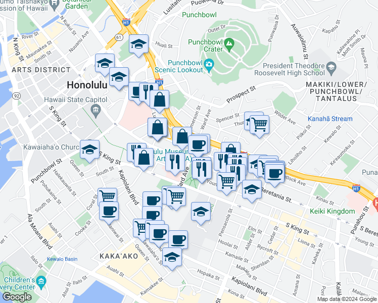 map of restaurants, bars, coffee shops, grocery stores, and more near 1220 Ward Avenue in Honolulu