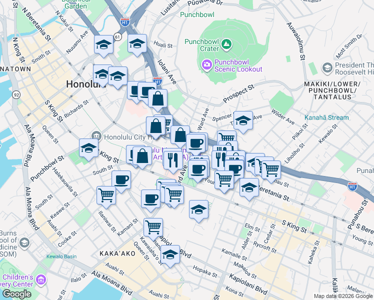 map of restaurants, bars, coffee shops, grocery stores, and more near 827 Kinau Street in Honolulu