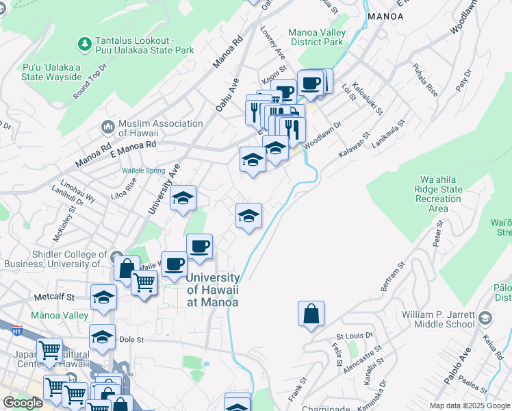map of restaurants, bars, coffee shops, grocery stores, and more near 2706 Pamoa Road in Honolulu