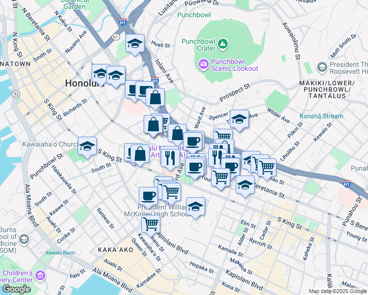 map of restaurants, bars, coffee shops, grocery stores, and more near 1220 Ward Avenue in Honolulu