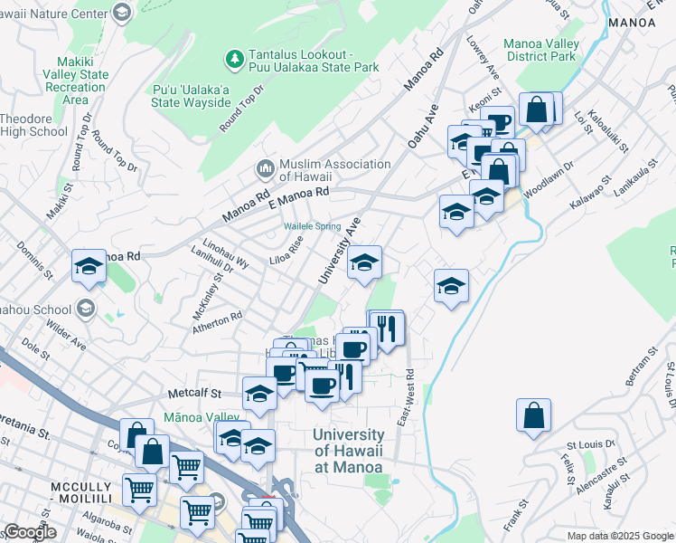 map of restaurants, bars, coffee shops, grocery stores, and more near 2407 Haleleʻa Place in Honolulu