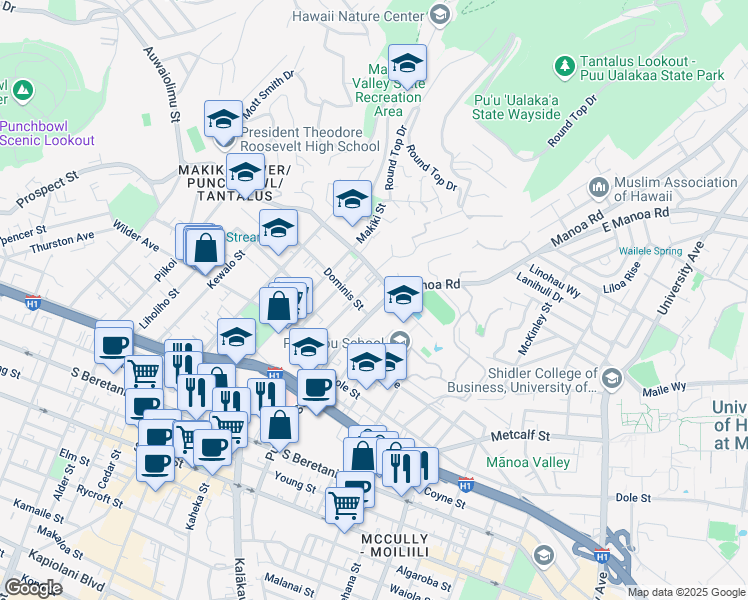 map of restaurants, bars, coffee shops, grocery stores, and more near 1822 Punahou Street in Honolulu