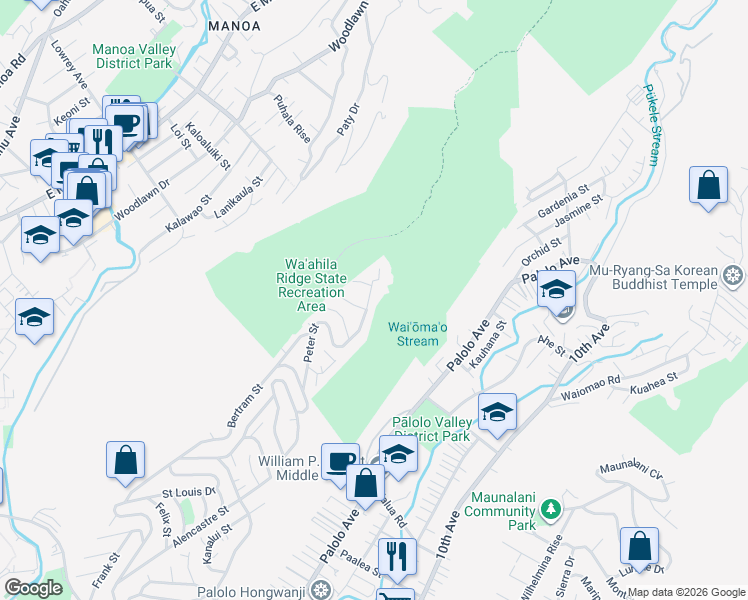 map of restaurants, bars, coffee shops, grocery stores, and more near 1646 Ruth Place in Honolulu