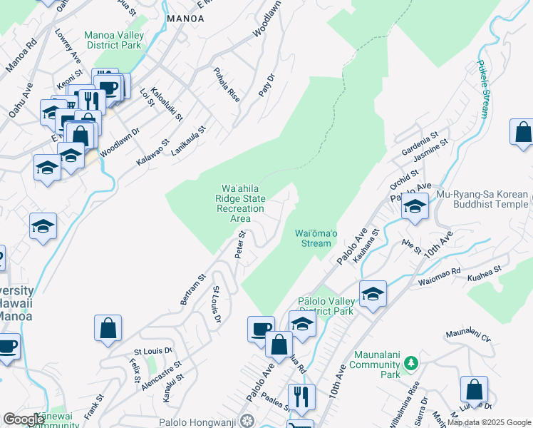map of restaurants, bars, coffee shops, grocery stores, and more near 1646 Ruth Place in Honolulu
