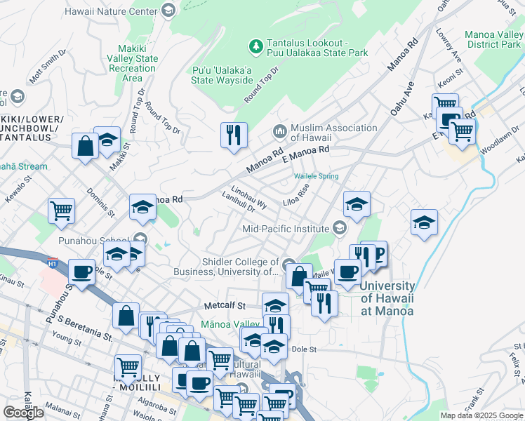 map of restaurants, bars, coffee shops, grocery stores, and more near 2126 Lanihuli Drive in Honolulu