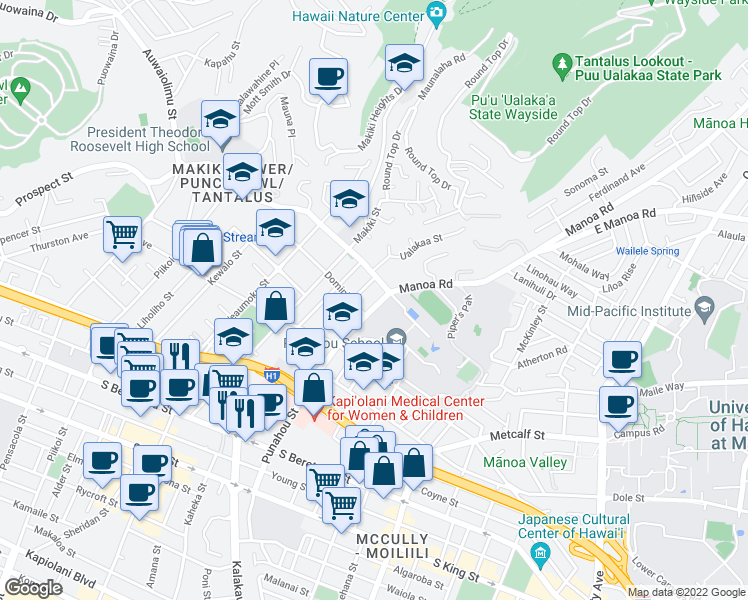 map of restaurants, bars, coffee shops, grocery stores, and more near 1808 Punahou Street in Honolulu