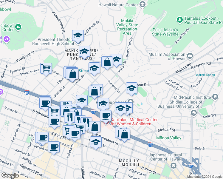 map of restaurants, bars, coffee shops, grocery stores, and more near 1707 Anapuni Street in Honolulu