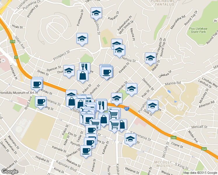 map of restaurants, bars, coffee shops, grocery stores, and more near 1328 Kaihee Street in Honolulu
