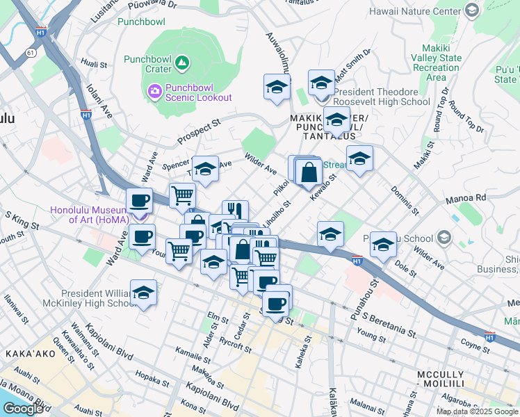 map of restaurants, bars, coffee shops, grocery stores, and more near 1155 Hassinger Street in Honolulu