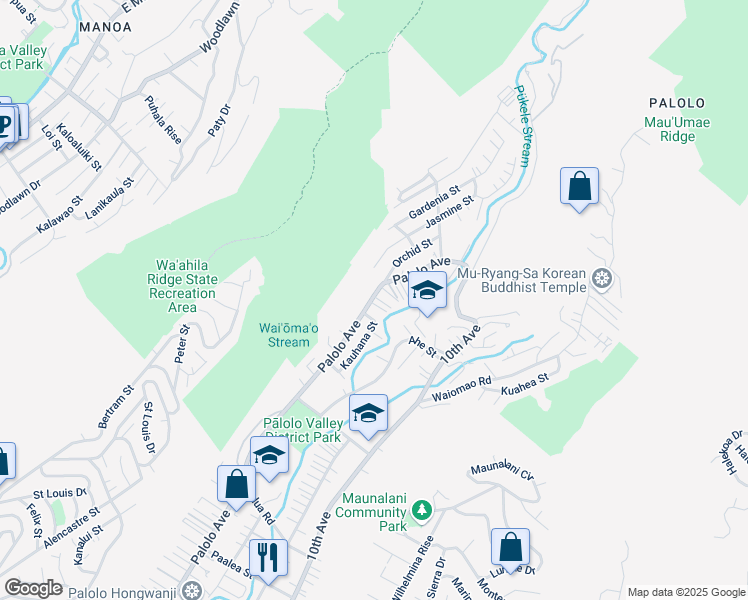 map of restaurants, bars, coffee shops, grocery stores, and more near 2265 Palolo Avenue in Honolulu