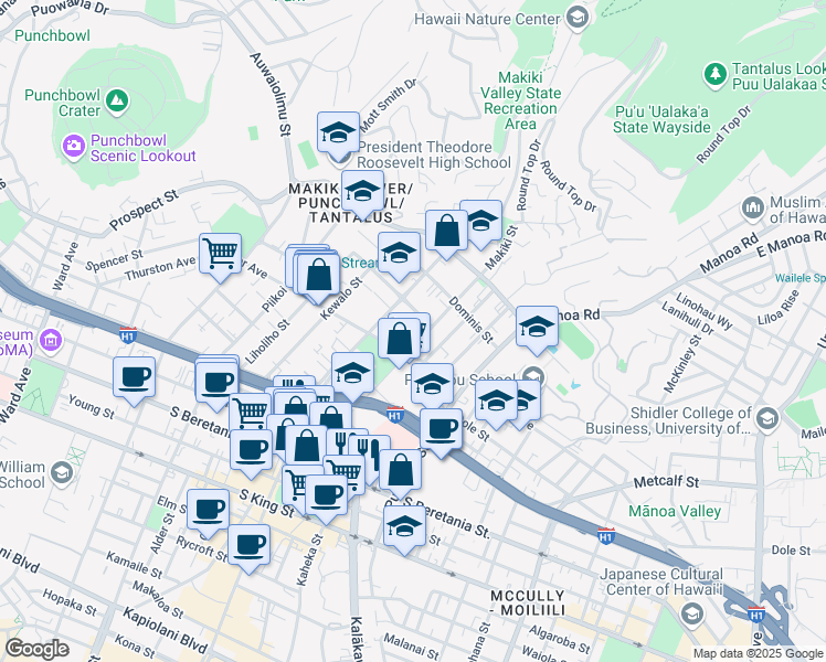 map of restaurants, bars, coffee shops, grocery stores, and more near 1628 Makiki Street in Honolulu
