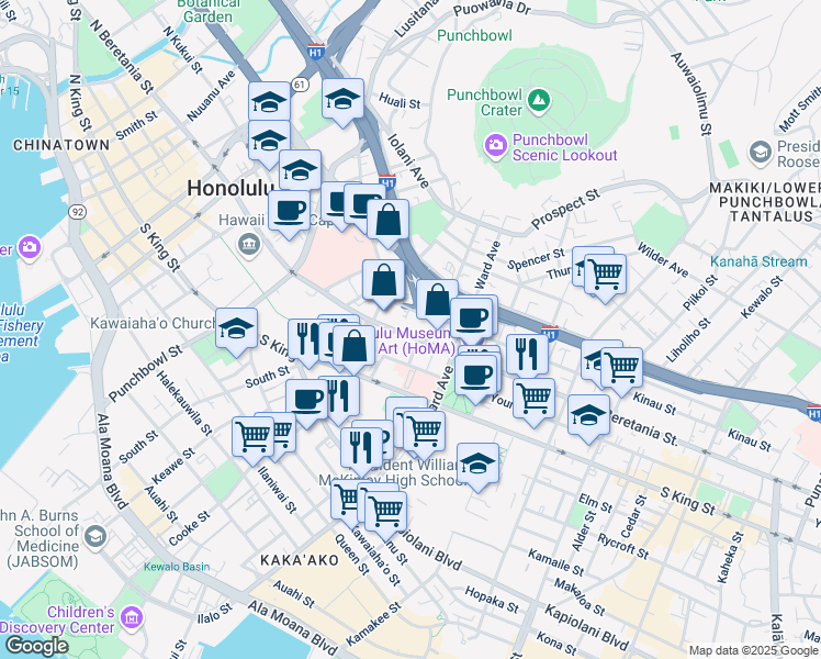 map of restaurants, bars, coffee shops, grocery stores, and more near 800 South Beretania Street in Honolulu