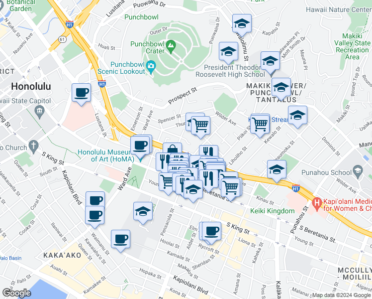 map of restaurants, bars, coffee shops, grocery stores, and more near 1080 Lunalilo Street in Honolulu