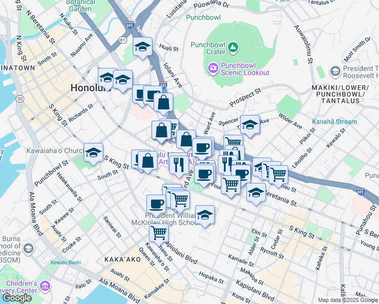 map of restaurants, bars, coffee shops, grocery stores, and more near 1220 Ward Avenue in Honolulu