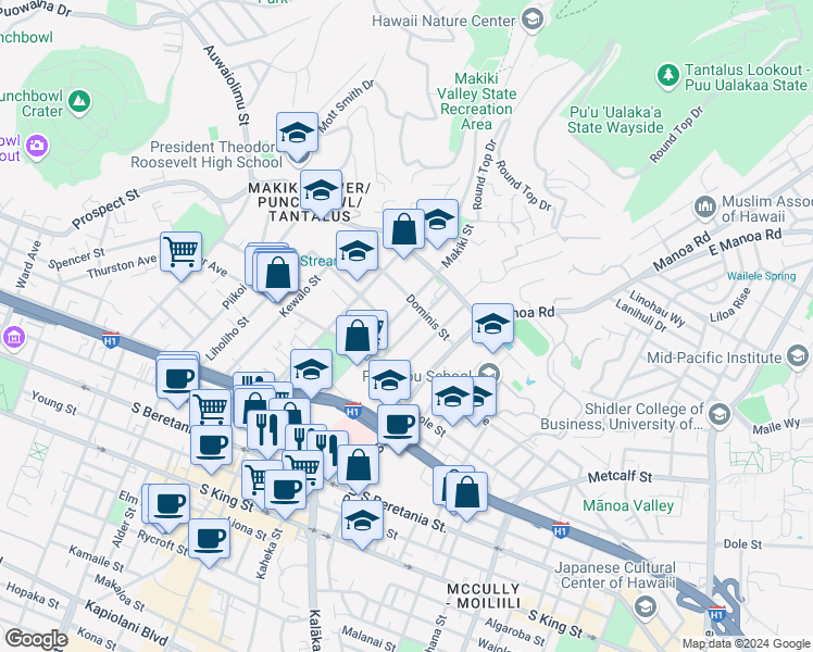 map of restaurants, bars, coffee shops, grocery stores, and more near 1707 Anapuni Street in Honolulu