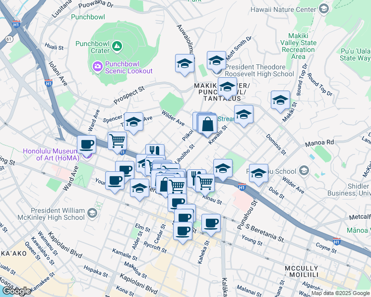 map of restaurants, bars, coffee shops, grocery stores, and more near 1448 Liholiho Street in Honolulu