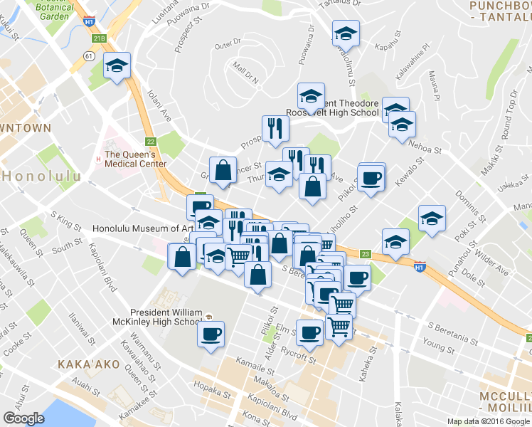 map of restaurants, bars, coffee shops, grocery stores, and more near 1080 Lunalilo Street in Honolulu