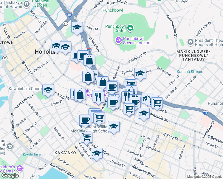 map of restaurants, bars, coffee shops, grocery stores, and more near 1220 Ward Avenue in Honolulu