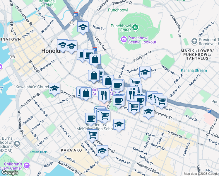 map of restaurants, bars, coffee shops, grocery stores, and more near 1220 Ward Avenue in Honolulu