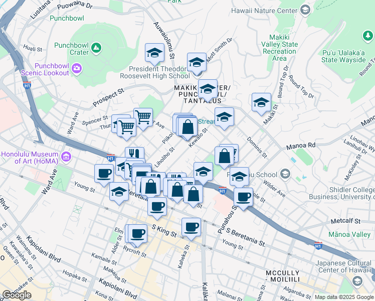 map of restaurants, bars, coffee shops, grocery stores, and more near 1545 Kewalo Street in Honolulu