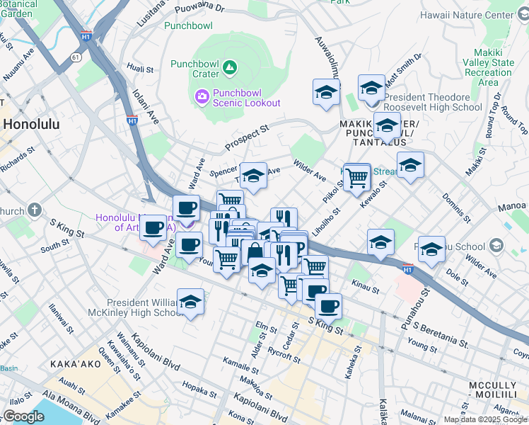 map of restaurants, bars, coffee shops, grocery stores, and more near 1414 Pensacola Street in Honolulu