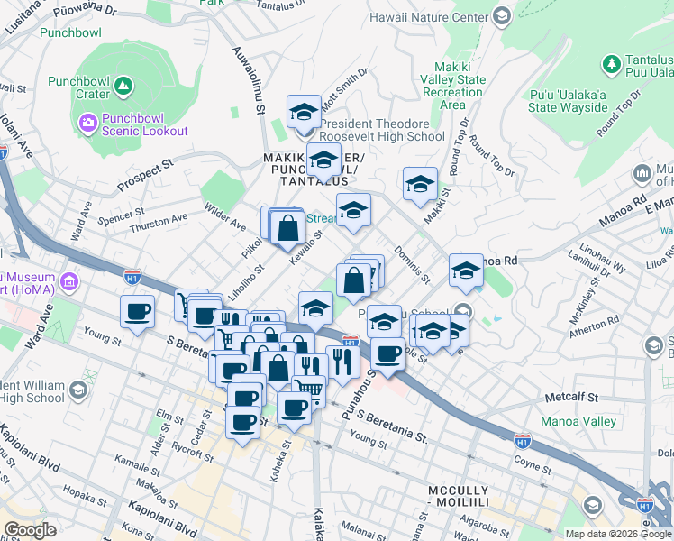map of restaurants, bars, coffee shops, grocery stores, and more near 1605 Ke’eaumoku Street in Honolulu